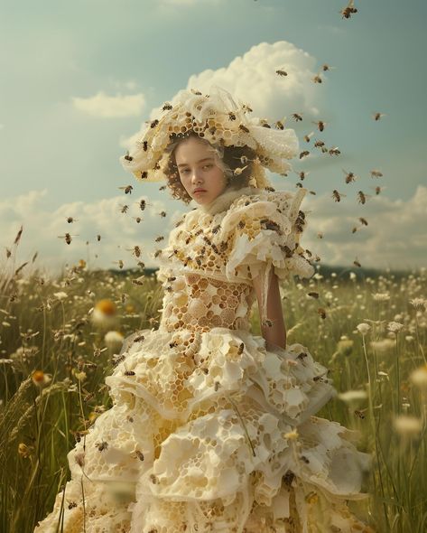 Queen Bee 🐝 : an eco-friendly clothing concept that turns your dress into a home for bees Still thinking about Spring/Ostara for this one for #landofblursed @blursed_montage and #chxrchchallenges @the_clone_supper #midjourneyfashion #aifashion #midjourneyconcept #midjourneycommunity #midjourneyv6 #midjourneyblend #midjourneysref #midjourneyai #fashionconcept #ecofriendly #bees #ecofriendlyfashion #aifashiondesign #midjourneyfashiondesign #midjourneyfashion Insects Inspired Fashion, Bee Corset, Queen Bee Aesthetic, Ashnikko Concert, Bee Witch, Bee Clothes, Honey Costume, Bee Aesthetic, Queen Bee Costume