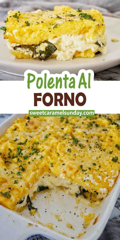 Oven baked polenta with ricotta and spinach in the middle cut into a big slice on a white plate. There is text written between 2 images. Trader Joes Polenta Tube, Baked Polenta Recipes, Polenta Dishes, Polenta Bake, Easy Polenta, Polenta Lasagna, Baked Dish, Cheese Polenta, Baked Polenta