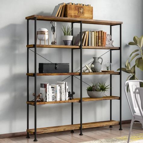 17 Stories Thea 63" H x 60" W Metal Etagere Bookcase | Wayfair Black Bookshelf, Industrial Bookshelf, Industrial Bookcases, White Bookshelves, Open Bookshelves, Library Bookcase, Corner Bookshelves, Wood Bookshelves, White Bookcase