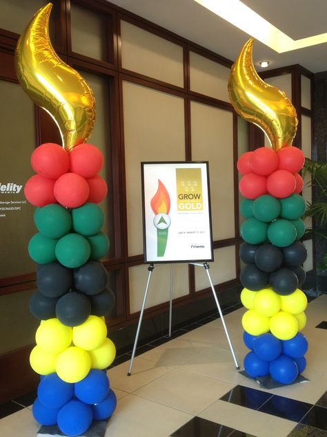 Olympic themed balloon columns.                    #olympic #balloon #column Vbs Olympics, Office Olympics, Olympics Decorations, Olympic Theme Party, Olympic Games For Kids, Olympic Idea, Olympic Crafts, Beer Olympic, Olympics Activities