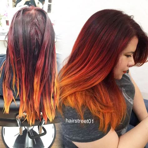 Fire Hair Balayage, Copper Hair Ombre, Red And Yellow Hair, Pravana Red, Fire Hair, Brown Ombre Hair, Colors Hair, Ombre Hair Color, Auburn Hair