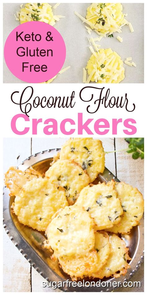 This easy Keto coconut flour crackers recipe is made with coconut flour and topped with sharp cheddar and fragrant, fresh thyme. A satiating, delicious low carb snack! Only 6 ingredients and ready in 20 minutes. Coconut Flour Crackers Recipe, Coconut Flour Crackers, Keto Restart, Keto Fruit List, Keto Cracker, Keto Crackers Recipe, Homemade Crackers Recipe, Thm Snacks, Keto Crackers