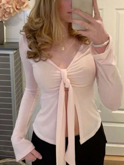 Women's Solid Color Casual Long Sleeve T-Shirt Pink   Long Sleeve Knitted Fabric   Medium Stretch  Women Clothing, size features are:Bust: ,Length: ,Sleeve Length: Look Rose, Pakaian Feminin, Pastel Outfit, Mein Style, Mode Inspo, Feminine Outfit, Inspired Outfits, Girly Outfits, Looks Style