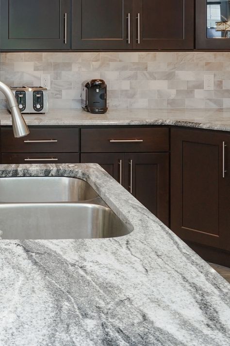 Brushed Granite Countertops, Granite With Stained Cabinets, Granite Countertops With Gray Cabinets, Granet Counters, Granite With Gray Cabinets, Granite Countertops Grey, Gray Granite Countertops Kitchen, Steel Gray Granite Countertops, Gray Granite Kitchen