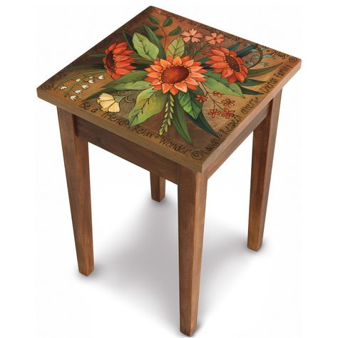 Smell the Flowers End Table by Sticks . This end table is handmade in Des Moines, Iowa. All pieces are finely crafted from birch. The pieces are further designed with hand drawn imagery, etched contouring, and vibrantly hand-blended paint. Painted Table Tops, Hand Painted Chairs, Whimsical Painted Furniture, Painted Stools, Painted Chair, Decoupage Furniture, Wood Side Table, Painted Chairs, Artful Home