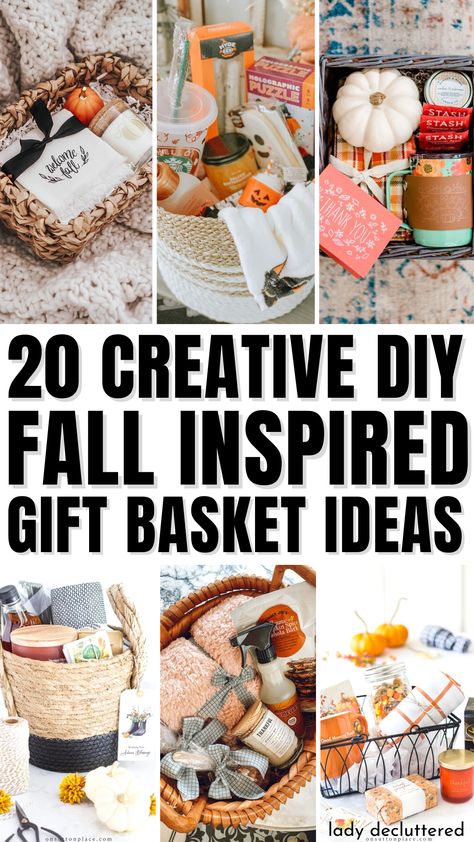 20 Creative DIY Fall Inspired Gift Basket Ideas Fall Neighbor Gift Basket, Fall Coffee Gift Basket Ideas, Diy Themed Gift Baskets, Simple Gift Baskets For Women, Fall Festival Gift Basket Ideas, Practical Gift Basket Ideas, Fall Basket For Teachers, Happy Fall Gift Ideas, Marketing Gift Basket Ideas