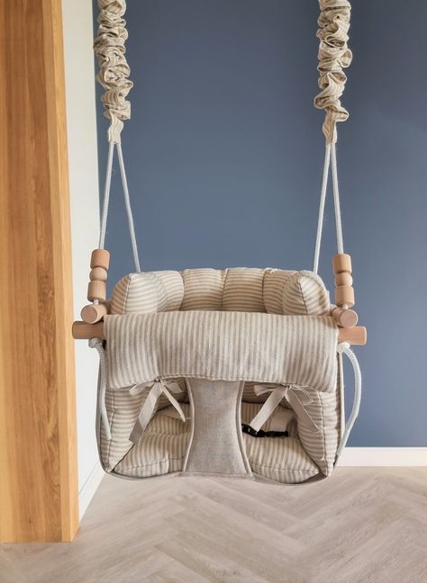 "Royal Baby Swing Natural Linen With Linen Stripe Pillow/Baptism Gift/Toddler Swing/Indoor Swing/First Birthday Gift/Swing Chair Our unique babies and toddlers swings was designed with fun, fresh and modern style in mind. Keep your little ones entertained with this super fun swings. Chunky wooden beads threaded into the front ropes are fun to play with. Your baby or toddler will enjoy it a lot! Swings comes assembled and ready to be hang! Set included: 1 pcs fabric canvas (linen); 2 points swing Bb Reborn, Baby Wishlist, Indoor Swing, Baby Swing, Toddler Chair, Baby Room Inspiration, Nursery Room Inspiration, Baby Necessities, Swing Chair