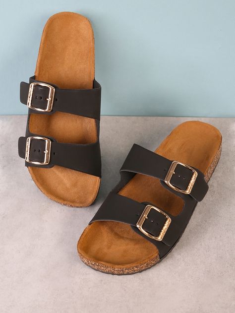 Double Buckle Cork Footbed Slide Sandal -SheIn(Sheinside) Women Flat Sandals, Industrial Architecture, Sandal Online, Slides Sandals, Fashion Board, Fashion Sandals, Womens Sandals Flat, Flat Sandals, Slide Sandals