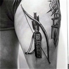 Mens Thigh Upper Leg Bow And Arrows Archery Tattoos Recurve Bow Tattoo, Bow And Arrow Tattoo For Men, Archer Tattoo Men, Bow Arrow Tattoos, Arrow And Bow, Archery Tattoo, Bow And Arrow Tattoo, Mens Arrow Tattoo, Archer Tattoo