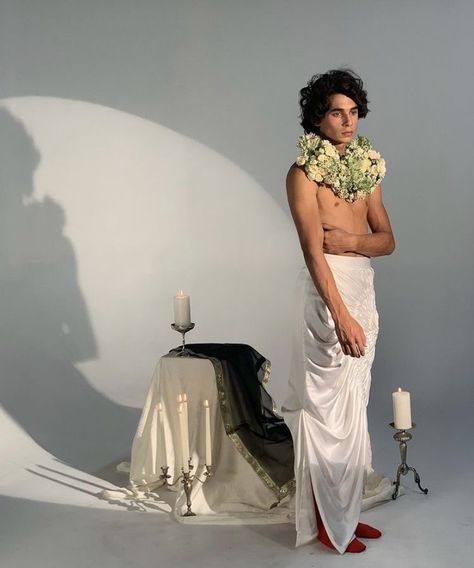 Greek Mythology Fashion Editorial, Adonis Greek, Greek Goddess Photoshoot, Timothee Chalamet Aesthetic, Aesthetic Fashion Men, Capitol Couture, God Clothing, Home Photo Shoots, Minimalist Men