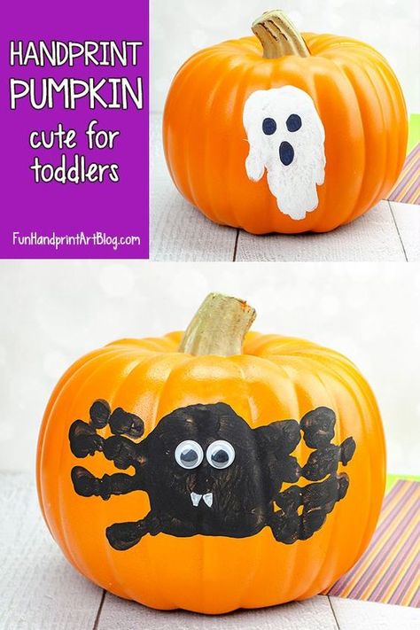 25+ Awesome Pumpkin Painting Ideas for Kids - HAPPY TODDLER PLAYTIME Pumpkin Painting Ideas For Toddlers, Ghost Pumpkin Painting, Handprint Pumpkin, Painting Ideas For Toddlers, Easy Pumpkin Decorating, Paint A Pumpkin, Handprint Painting, Pumpkin Painting Party, Creative Pumpkin Painting