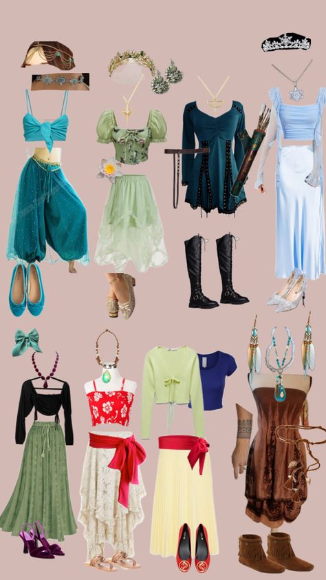 Jasmine🩵, Tiana💚, Merida🧡, Elsa🩵, Anna🧡, Moana💙, Mulan❤️, Pocahontas🤎 Mulan Halloween Costume, Pocahontas Halloween Costume, Merida Outfit, Mulan Outfit, Moana Halloween Costume, Casual Halloween Costumes, Merida Costume, Tiana Costume, Moana Dress