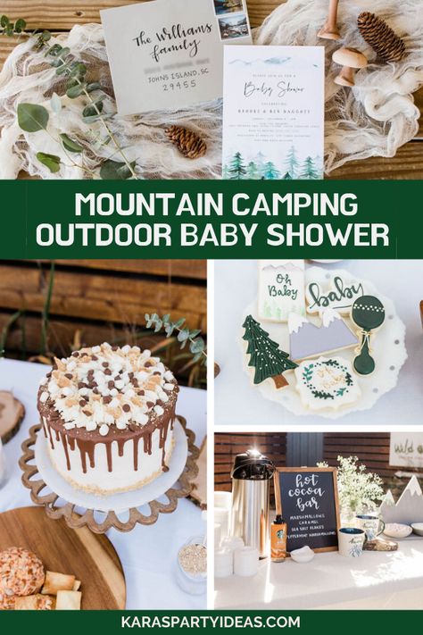 Kara's Party Ideas Mountain Camping Outdoor Baby Shower | Kara's Party Ideas Adventure Shower Ideas, Mountain Themed Baby Shower Ideas, Mountain Baby Shower Theme, Adventure Baby Shower Theme, Camping Baby Shower Theme, Baby Camping, Birdhouses Ideas, Camping Baby, Adventure Awaits Baby Shower