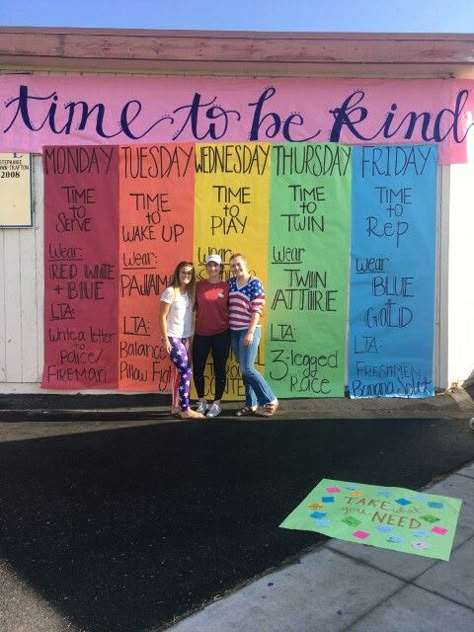 Kindness Week at AGHS. "It's Time to be Kind" is the theme with timelike dress up days. Spirit Week Themes, Spirit Day Ideas, School Spirit Posters, Dress Up Days, Kindness Week, Catholic Schools Week, School Spirit Week, Homecoming Spirit Week, Homecoming Themes