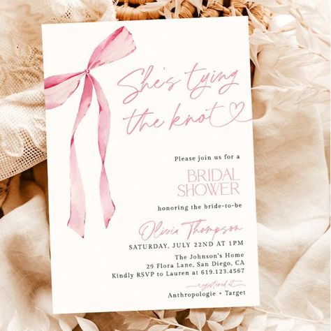 Blush Pink Bow She's Tying the Knot Bridal Shower Invitation She Tied The Knot Bridal Shower Theme, Batches Design Ideas, She’s Tying The Knot Bridal Shower Invites, She’s Tying The Knot, She’s Tying The Knot Bridal Shower Theme, Tying The Knot Bridal Shower Theme, Pink Bridal Shower Ideas, Hen Ideas, Invitation Etiquette