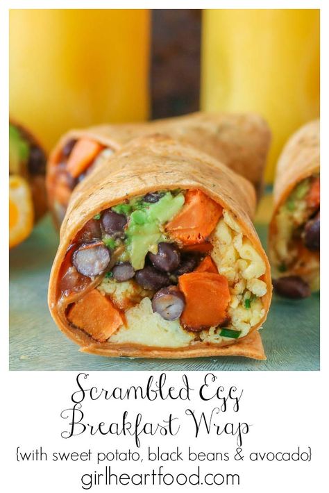 Egg Breakfast Wrap, Wrap Vegetarian, Scrambled Egg Breakfast, Breakfast Wrap, Bagel Breakfast Sandwich, Cubed Sweet Potatoes, Egg Wrap, Sweet Potato Black Beans, Breakfast Wraps