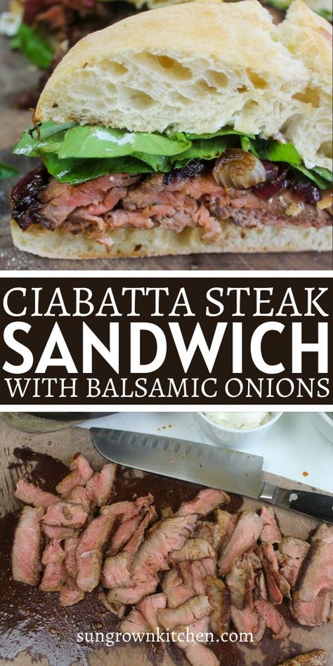 Sliced medium rare steak made into ciabatta sandwiches with balsamic onions. Round Steak Sandwich Recipes, Shaved Steak Sandwich, Ciabatta Bread Sandwich, Arugula Sandwich, Best Steak Sandwich, Goat Cheese Tomato, Basil Goat Cheese, Sandwich Night, Ciabatta Bread Recipe