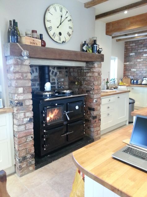 Wood Burning Stove Kitchen Cooking, Wood Burning Kitchen Stove, Fireplaces In Kitchens Farmhouse, Wood Cookstove In Modern Kitchen, Wood Burning Oven In Kitchen, Kitchen With Wood Burning Stove, Traditional Farmhouse Fireplace, Fireplaces In Kitchen, Kitchen Wood Burning Stove