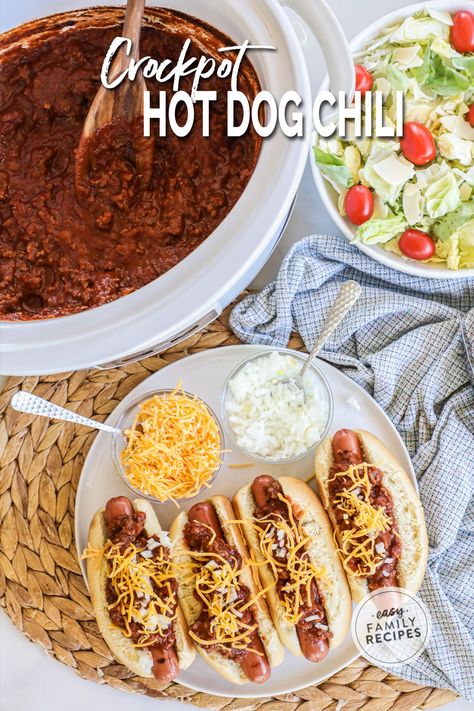 This homemade hot dog chili will make chili dogs your new favorite meal! Whether it’s for summer potlucks, birthdays, or a weeknight meal, this SUPER easy Crock Pot hot dog chili never fails. Pantry and fridge staples like ground beef, onion, ketchup, and seasonings develop a saucy, tangy chili that’s perfect over your favorite franks. After 10 minutes of prep it can cook on high quickly or for hours on low. It’s the perfect Crock Pot summer recipe and the BEST hot dog chili sauce you’ll make! Crock Pot Hot Dog Chili, Best Hot Dog Chili, Chilli Recipe Crockpot, Homemade Hot Dog Chili, Fridge Staples, Chili Dog Chili Recipe, Easy Dinners For Kids, Hotdog Chili Recipe, Hot Dog Chili Sauce