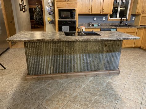 Galvanized metal island Tin Island Kitchen, Galvanized Kitchen Ideas, Galvanized Backsplash Kitchen, Galvanized Island, Metal Island Kitchen, Tin Kitchen Island, Brussels House, Kitchen Island Stainless Steel, Wyoming House