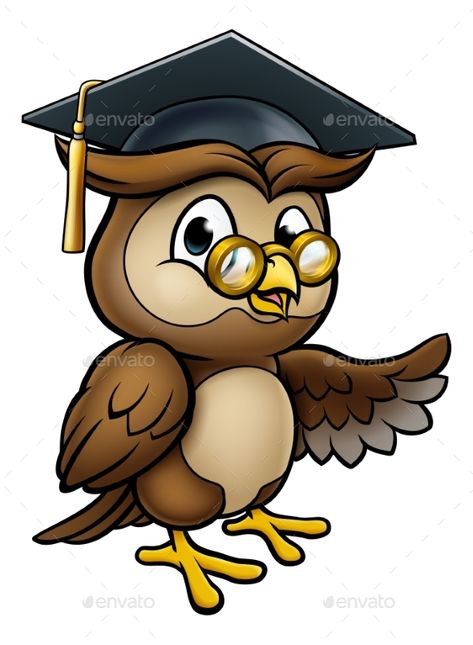 A wise owl cartoon character wearing a graduate cap mortar board and pointing with his wing Teacher Character, Graduate Teacher, Owl Character, Owl School, Teachers Illustration, Teacher Cartoon, Feather Graphic, Cool Drawing, Draw Step By Step