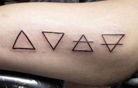 Earth, Air, Fire and Water four elements tattoo by @bunny.lucrest- Wicca symbol tattoos Witch Word Tattoo, Subtle Witch Tattoo, Meta Aesthetic, Witchy Tattoos Simple, Minimalist Witch Tattoo, Witchy Tattoo Ideas Small, Magic Tattoo Witches, Matching Witchy Tattoos, Small Witch Tattoo Ideas