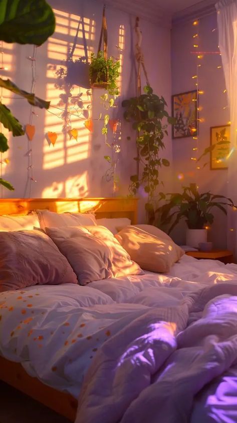 Dark Colorful Bedroom, Bohemian Aesthetic Bedroom, Woman’s Bedroom Ideas, Purple And Green Room Aesthetic, Purple Bedding Aesthetic, Room Inspo Purple, Purple Green Room, Purple And Orange Bedroom, Bedroom Design Purple