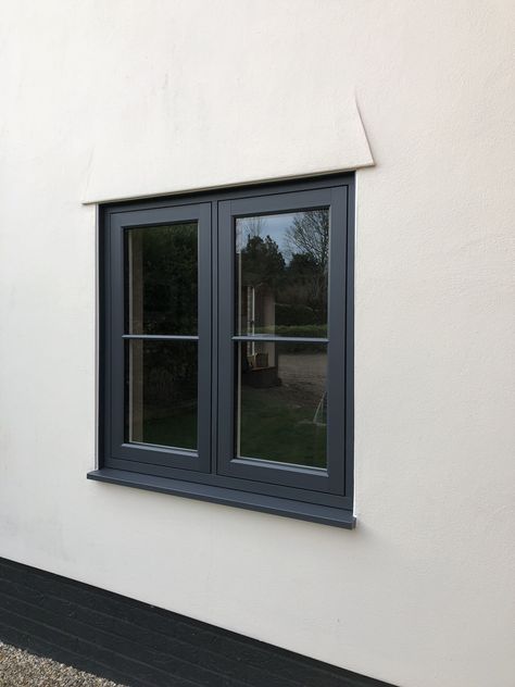 Grey Green Windows Exterior, Window Sill Exterior, External Windows, Bungalow Windows, Casement Windows Exterior, Anthracite Grey Windows, Grey Window Frames, Modern House Colors, Painted Window Frames