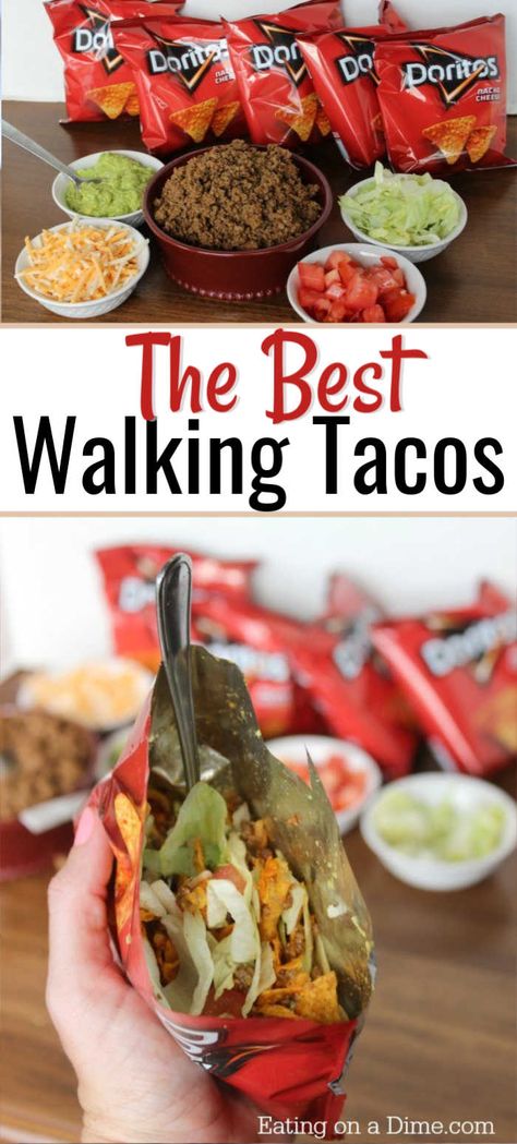 Walking Tacos For A Crowd, Tacos For A Crowd, Walking Taco Bar, Walking Tacos Recipe, Taco Recipes Mexican, Walking Taco, Walking Tacos, Easy Camping Meals, Taco Recipe