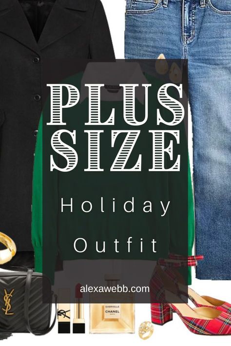 Plus Size Plaid Holiday Outfits -Part 2 - A plus size holiday outfit for parties and dinners with demi boot jeans, green sweater, and plaid heels. Alexa Webb Plus Size Winter Photo Outfits, Plus Holiday Outfits, Plus Size Christmas Outfit Party Casual, Plus Size Christmas Photoshoot, Plus Size Outfits Christmas, Plus Size Holiday Outfits Christmas, Christmas Party Outfit Plus Size, Cute Winter Outfits Plus Size, Christmas Party Outfits Plus Size