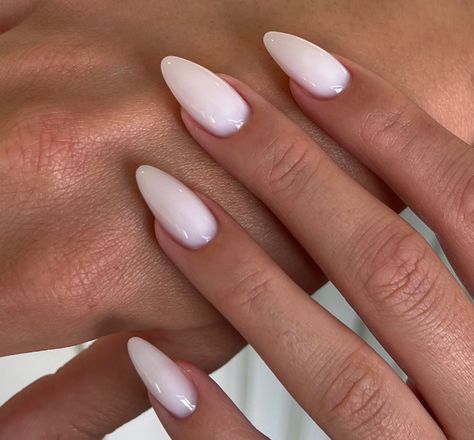 Milky Almond Nails Designs, Milky Pink And White Nails, Milky Pink Almond Nails, Acrylic Stiletto Nails, Mc Nails, Nails Solid Color, Nails Solid, Engagement Nails, Almond Press On Nails