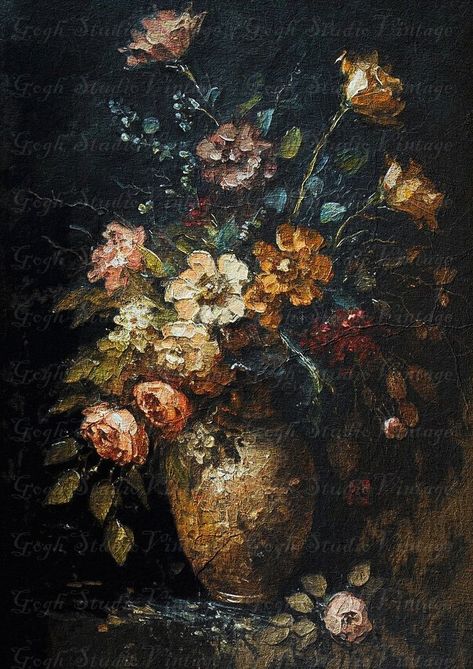 Old Paintings Flowers, Moody Floral Wall Art, Victorian Paintings Aesthetic Dark, Black Background Floral Painting, Art With Dark Background, Dark Impressionist Paintings, Vintage Art Flowers, Antique Flower Painting, Moody Art Print