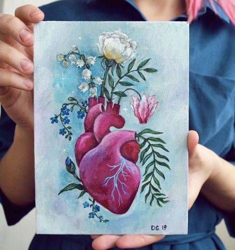 Realistic Heart Painting, Flowers Painting Acrylic, Flower Anatomy, Realistic Heart, Art Mini Toile, Heart With Flowers, Heart Anatomy, Flowers Heart, Acrylic Varnish