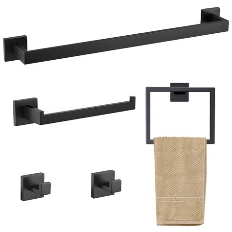 PRICES MAY VARY. 5 PIECE BATHROOM HARDWARE SET - Includes 1 x 23.6 Inch Towel Bar, 1 x Toilet Paper Holder, 1 x Towel Ring, 2 x Towel Hooks. Offers ample storage for your bathroom essentials. PREMIUM MATERIAL - Crafted from thickened SUS304 (18/8) stainless steel, which is high strength, good toughness, ensuring resistance to rust, scratches and corrosion for long-lasting durability. SAFE & PRACTICAL DESIGN - The concealed screw design enhancing the overall aesthetic of your space, the unique sq Towel Hooks In Bathroom, Modern Chic Design, Hand Towel Bar, Shelf Hanger, Modern Bathroom Accessories, Wall Mounted Towel Rack, Steel Bath, Robe And Towel Hooks, Bar Rack