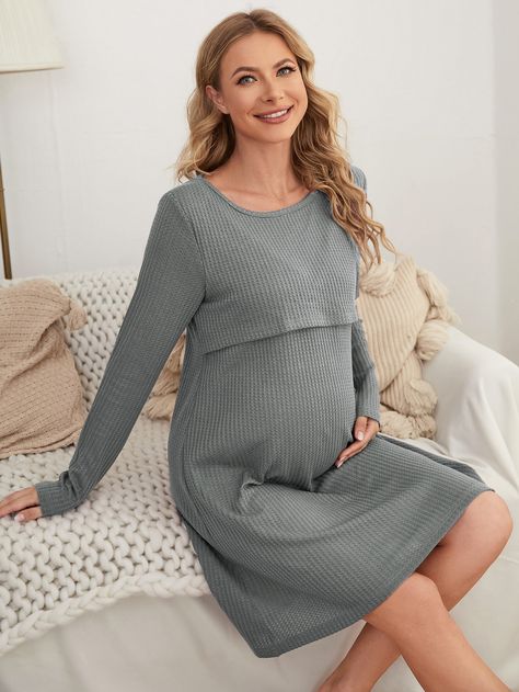 Grey Casual  Long Sleeve Polyester Plain Nightgowns  Medium Stretch  Maternity Fashion Outfits For Pregnant Women, Outfits For Pregnant Women, Diy Maternity Clothes, Maternity Loungewear, Feeding Dresses, Maternity Lounge Wear, Maternity Nightwear, Cute Maternity Dresses, Winter Mode Outfits