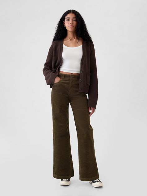 Fit: Fitted in the waist & hips with a full-length, relaxed wide leg.  Fabric: 75% Cotton, 18% Rayon, 5% Recycled Cotton, 2% Stretch.  ​ Stretch: Low Stretch Pants.  Our most comfortable authentic denim.  Holds you in at the hips & waist but feels easy everywhere else.  Rise: High Rise Pants.  Look: A five-pocket pant in soft corduroy.  Details: Double button closure, zip fly & five-pocket styling. ​ Responsibly Made: This pair of pants is part of our water-saving Washwell program.  Compared with conventional wash methods, Washwell uses at least 20% less water and has saved over a billion liters of water since 2016.  Our High Rise Pant has an 11" 28 cm) rise. ​ Fitted through the hip.  Relaxed, wide leg.  Full-length pant.  24" 61 cm) leg opening.  Models wearing Gap Casual Plaid Pants Outfit, Wide Leg Corduroy Pants Outfit, Jean Essentials, Black Corduroy Pants Outfit, Brown Wide Leg Pants Outfit, Brown Corduroy Pants Outfit, Brown Wide Leg Pants, Thrifting Ideas, Colored Pants Outfits