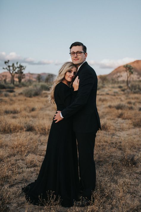 Formal Couple Photoshoot, All Black Engagement Photos, Black Dress Engagement Photos, All Black Attire, Formal Couple, Spooky Shoot, Formal Engagement Photos, Engagement Shoot Outfit, Joshua Tree Engagement