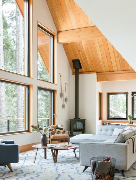 Photo 2 of 5 in How Much Should You Spend on a Living Room Sofa? from Woodsy Tahoe Cabin - Dwell Scandinavian Cabin Interior, Tahoe Cabin, Cabin Living Room, Cabin Interiors, Cabin Living, Corner Fireplace, A Frame Cabin, A Frame House, Modern Cabin