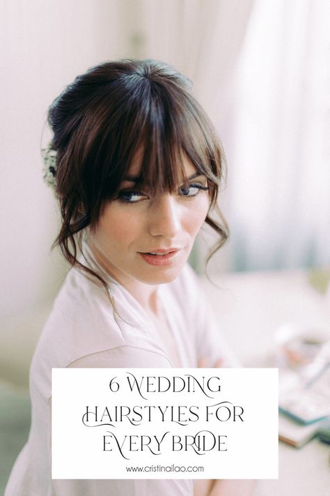 Bridal Hair Updo With Fringe, Ballerina Bun With Bangs, Wedding Hair With Fringe Updo, Vintage Wedding Hair With Bangs, Wedding Hair With Front Bangs, Bridal Updo With Fringe, Wispy Bridal Hair, Bangs Wedding Updo, Low Bun With Bangs Wedding Hair