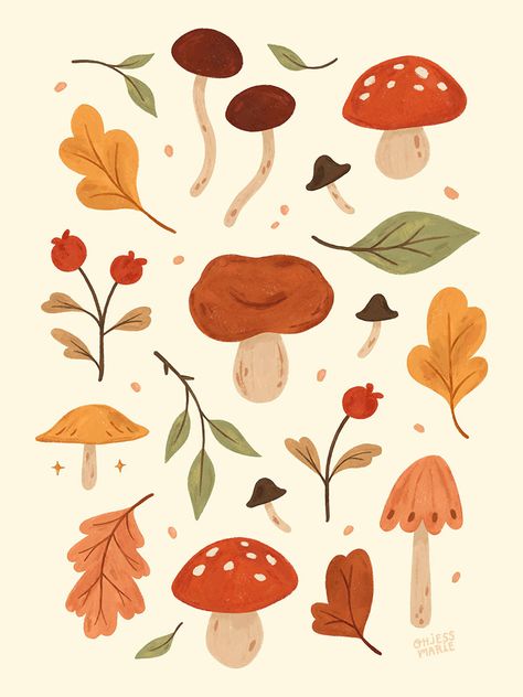 Autumn Poster Prints, Pottery Painting Mushroom Design, Fall Mushroom Art, Fall Theme Drawings, Fall Forest Illustration, Fall Leaf Illustration, Autumn Leaf Illustration, Mushroom Illustration Cute, Autumn Aesthetic Drawing