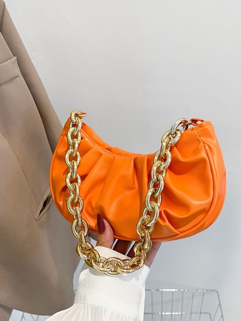 Stylish Shoes Heels, Orange Bags, Orange Minimalist, Cute Hand Bags, Ruched Bag, Prom Bag, Orange Purse, Orange Handbag, Minimalist Chain