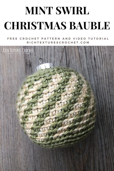 Learn how to crochet this Christmas ornament with this free crochet pattern and video tutorial.  #crochet Crocheted Christmas Baubles Free Pattern, Crocheted Balls Free Pattern, Christmas Bauble Crochet Pattern Free, Christmas Balls Crochet, Crochet Christmas Baubles Free Pattern, Crochet Christmas Bulbs, Crochet Christmas Balls Pattern Free, Glass Ball Ornament Ideas, Crochet Ball Free Pattern