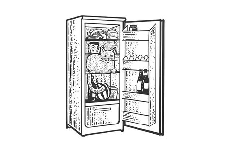 cat in the fridge with food sketch engraving vector illustration. T-shirt apparel print design. Scratch board imitation. Black and white hand drawn image. Fridge Tattoo, Fridge Sketch, Fridge Drawing, Fridge Illustration, Object References, Empty Fridge, Project Room, Animal Body Parts, Outline Images