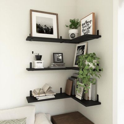 17 Stories Tamhra Bathroom Storage Black 0.6 x 16.5 x 6.0 in, Wood | Home Decor | C110220986_1663520838 | Wayfair Canada Wood And Black Floating Shelves, Black And Wood Bedroom Decor, Black And Wood Bedroom Ideas, Magical Office, Wall Shelves For Bathroom, Wood Bedroom Decor, Spare Bedrooms, Basement Suite, Shelves For Bathroom