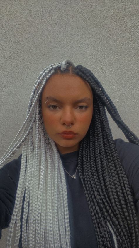 Black And White Cornrows, Half Black Half White Braids, White Box Braids On Dark Skin, Braids With White Highlights, Braids For Black Women Jumbo, White And Black Box Braids, Box Braids Half And Half Color, Grey And Black Box Braids, White Braids Black Women