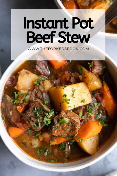 Instant Pot Beef Stew is a classic recipe. Packed with tender beef chuck, Yukon gold potatoes and lots of veggies like carrots and onions this Instant Pot Beef Stew takes less than an hour to cook until the meat is tender. The perfect cozy, comforting one-pot family meal for winter. #stew #instantpot #beefstew Tender Beef Stew, Traditional Homemaking, Vintage Skills, Pressure Cooker Beef Stew, Tasty Beef Stew, Instant Pot Beef Stew, Moms Recipes, Guinness Beef Stew, Pot Beef Stew