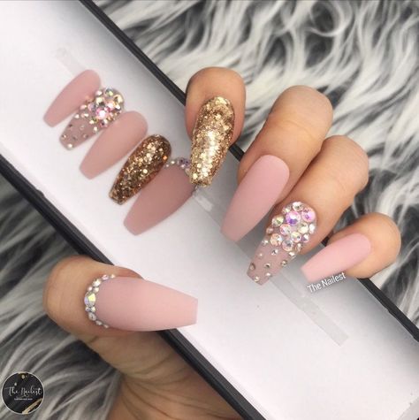 Matty Nude Pink Crystal Glossy Press On Nails Unicorn Any | Etsy Nails Quinceanera, Quinceanera Nails, Set Nails, Gold Nail Designs, Colorful Nails, Gold Nail, Ballerina Nails, Pink Set, Design Nail