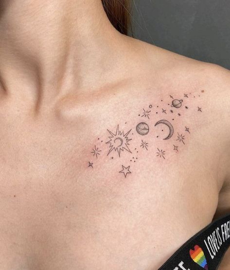 Chest Tattoo Stars, Tattoo Chest Woman, Clavicle Tattoo, Small Chest Tattoos, Tattoo Chest, Planet Tattoos, Bone Tattoos, Chest Tattoos For Women, Collar Bone Tattoo