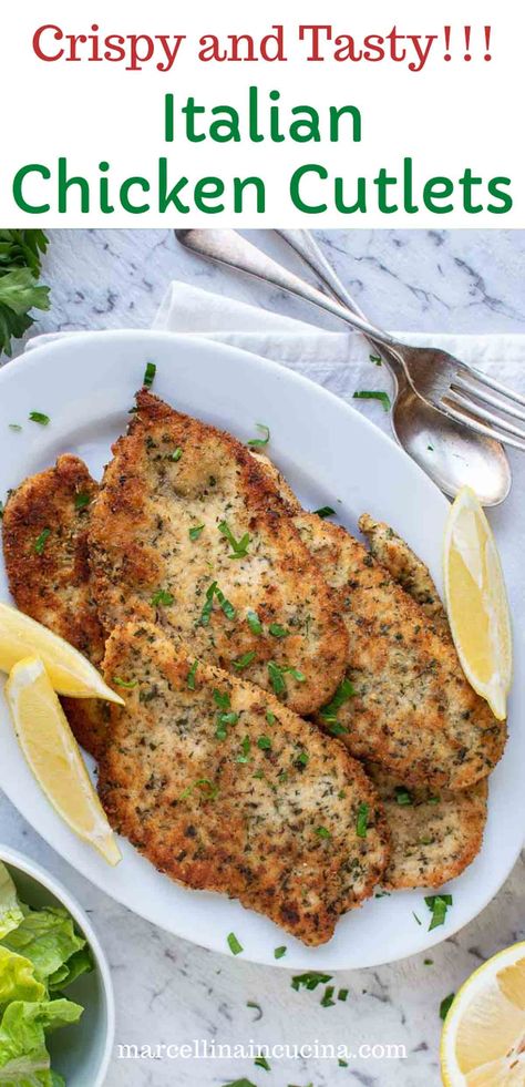 Italian Chicken Cutlets Recipe Italian Chicken Cutlets, Easy Italian Chicken, Fried Chicken Cutlets, Chicken Cutlet Recipes, Breaded Chicken Cutlets, Chicken Cutlet, Cutlets Recipes, Easy Dinner Recipe, Easy Italian