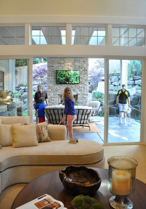 Love the outdoor space! Sunroom Sliding Doors, Doors To Deck From Living Room, Long Formal Living Room Ideas, Partial Enclosed Patio Ideas, Living Room Sliding Doors Patio, Indoor Outdoor Living Sliding Doors, Living Room Patio Doors, Room Opening, Room Door